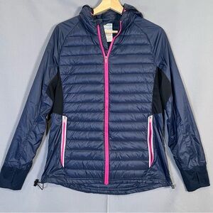 Asics SzM Running Light Down Jacket Navy Hooded *stuck left pocket zipper*